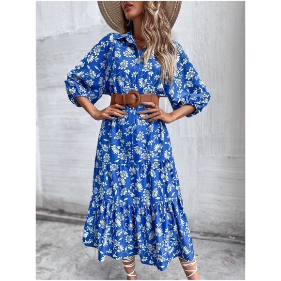 Bellanblue Dresses & Skirts - Bohemian Blue Floral Button up Ruffle Midi Dress